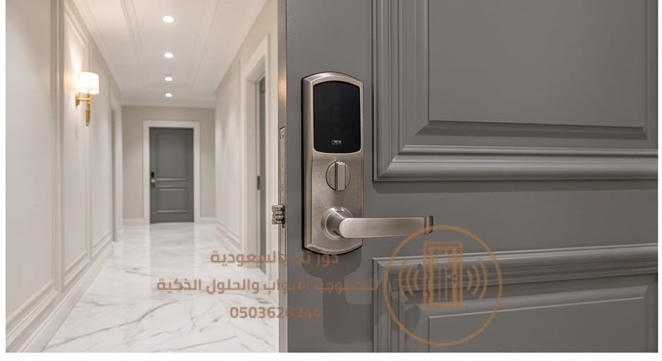 شاشة قفل ذكي مثبت في فيلا بالخبر تظهر عليها خيارات البصمة والكود وربط الجوال.