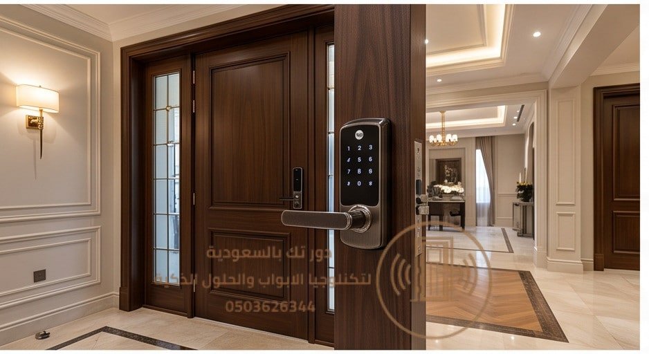  إصبع يلامس مستشعر بصمة قفل ذكي مثبت على باب خشبي في الخبر ويصدر ضوءاً أزرق.