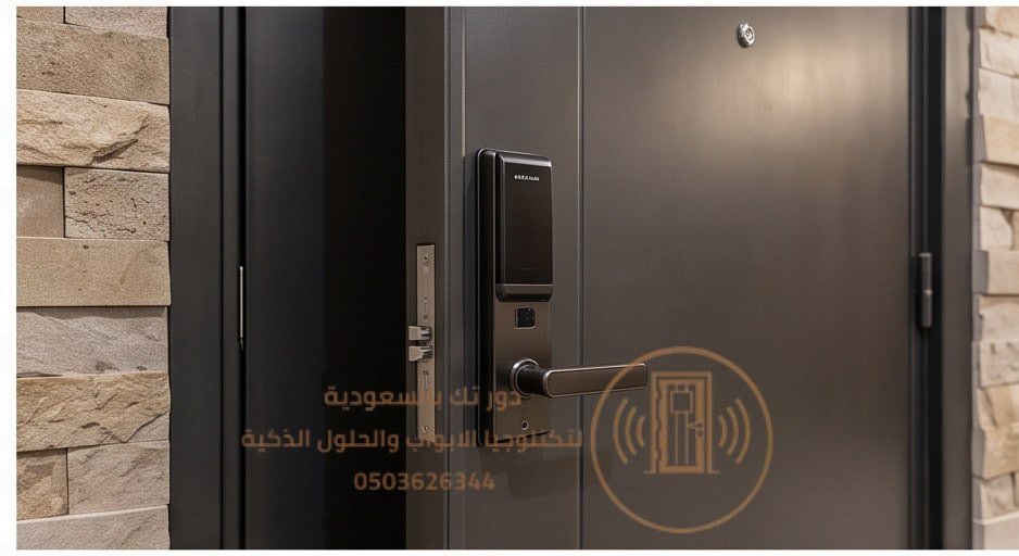 : باب شقة حديثة في الخبر بقفل ذكي فضي أنيق مع عرض سعر واضح ومكتوب بأناقة.